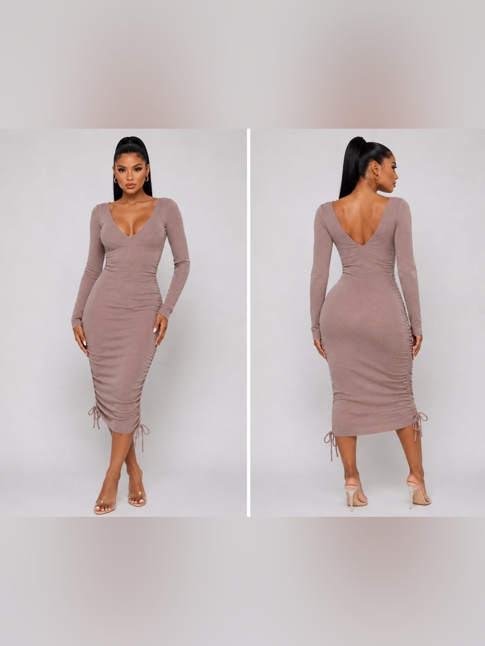 Long Sleeve V-Neck Midi Dress in Taupe